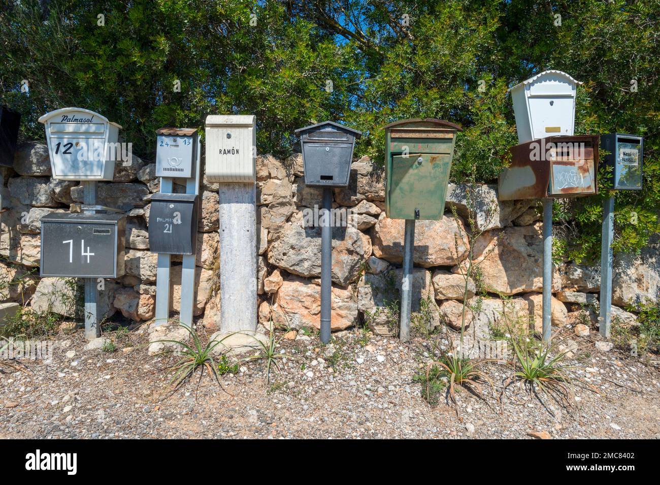 Mailboxes along the way in Mallorca Stock Photo Alamy