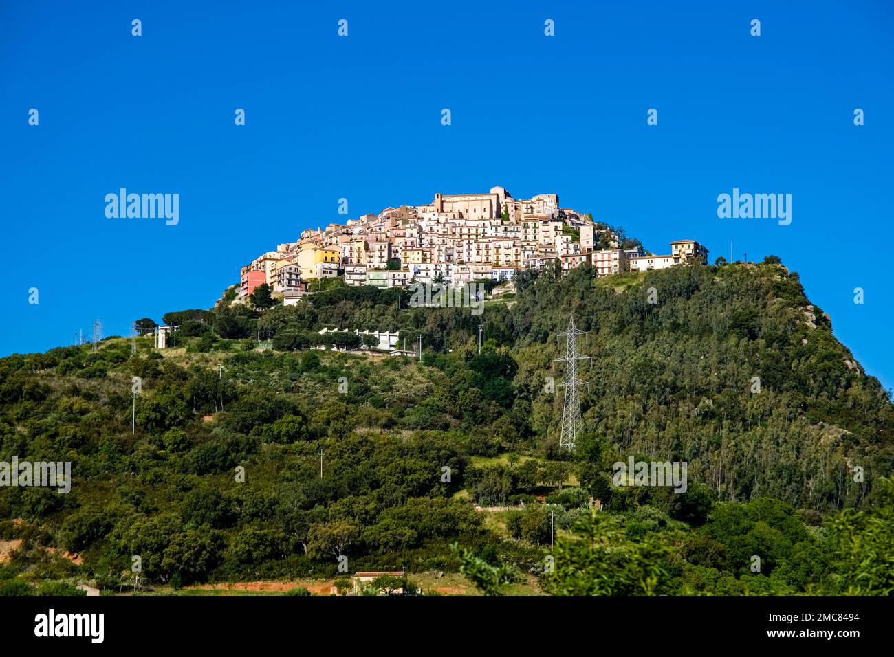 View on the houses of the small town of Pollina, located on a hill. Stock Photo