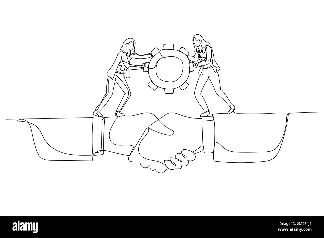 Cartoon of businesswoman team bring gear cogwheel across bridge made from shaking hand. Single continuous line art style Stock Vector