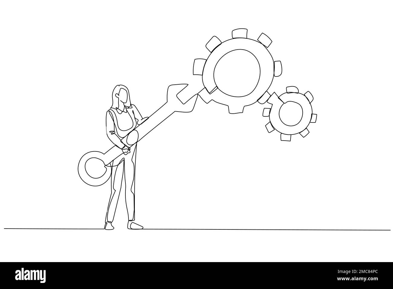 Drawing of businesswoman holding wrench to adjust gear cogwheels setting concept of adjustment. Single line art style Stock Vector