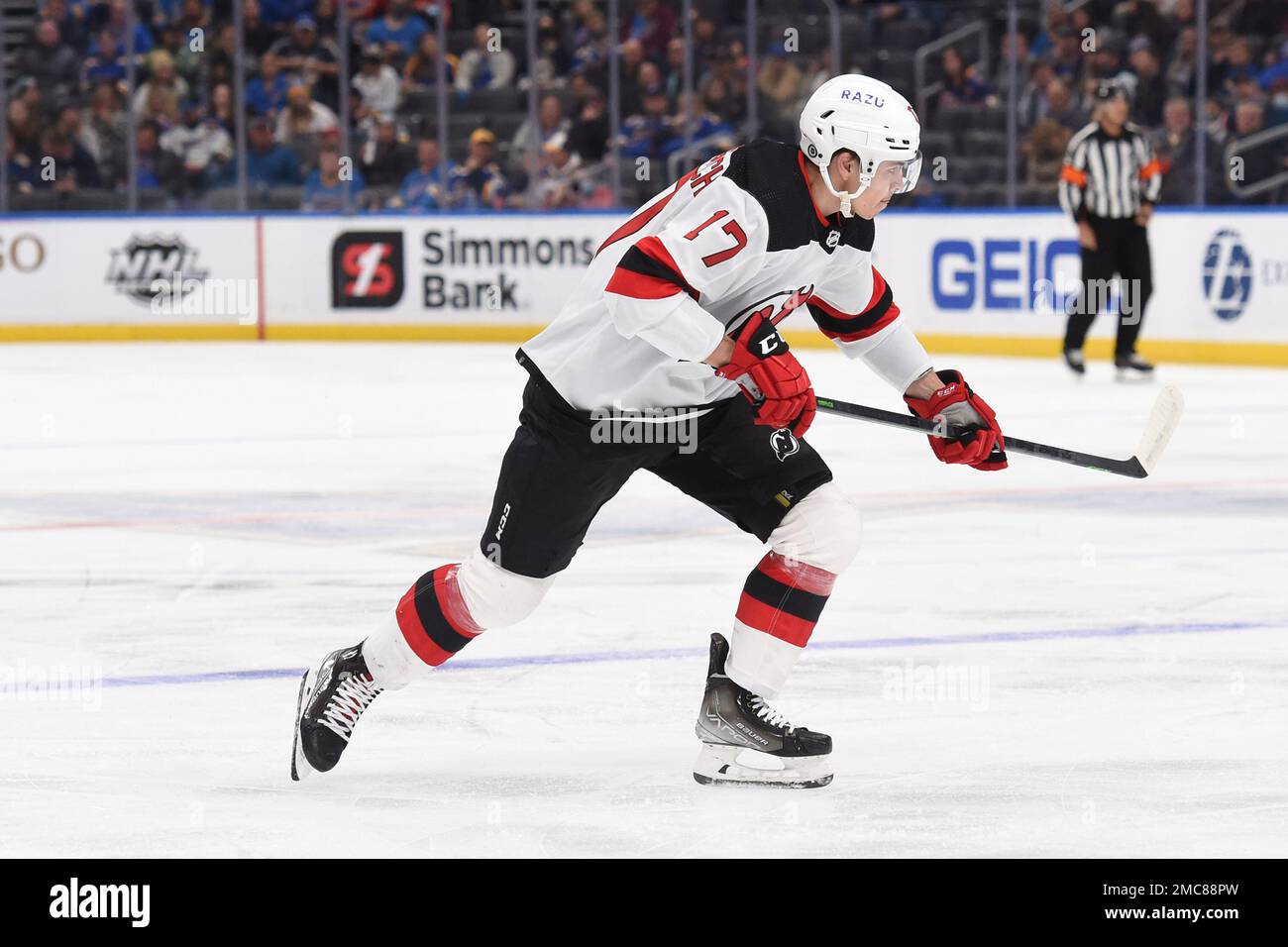 New Jersey Devils center Yegor Sharangovich (17) skates against the St ...