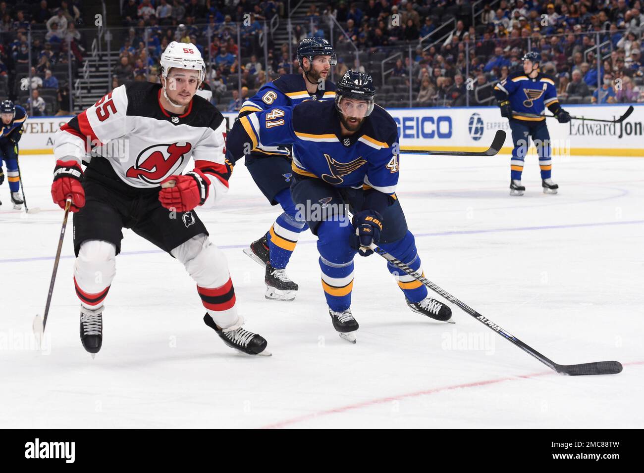New Jersey Devils defenseman Mason Geertsen (55) skates against St