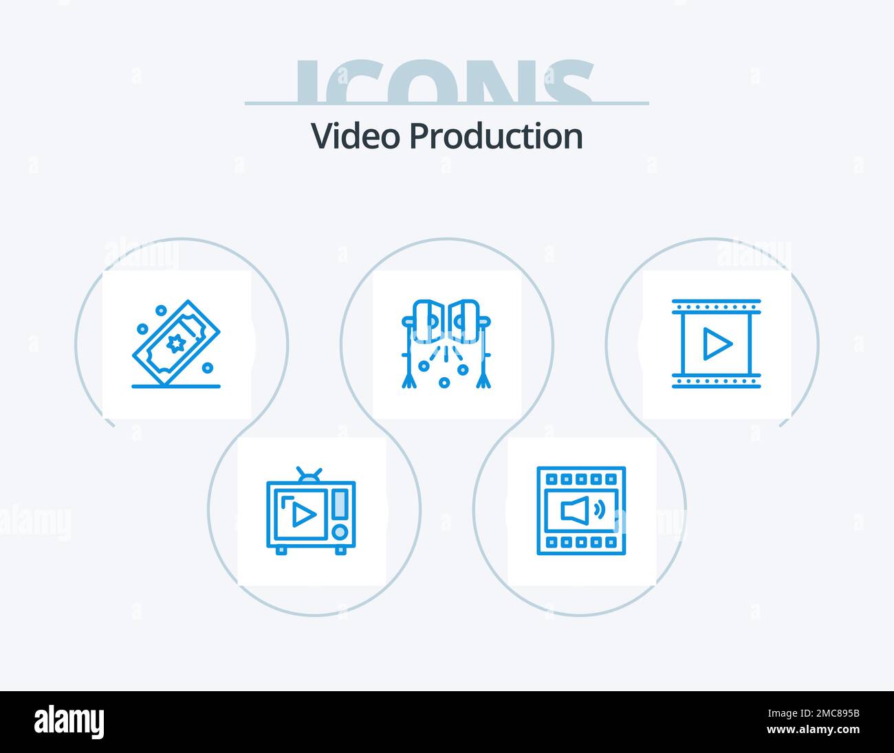 Video Production Blue Icon Pack 5 Icon Design. spotlight. illumination. speaker. tickets. movie tickets Stock Vector