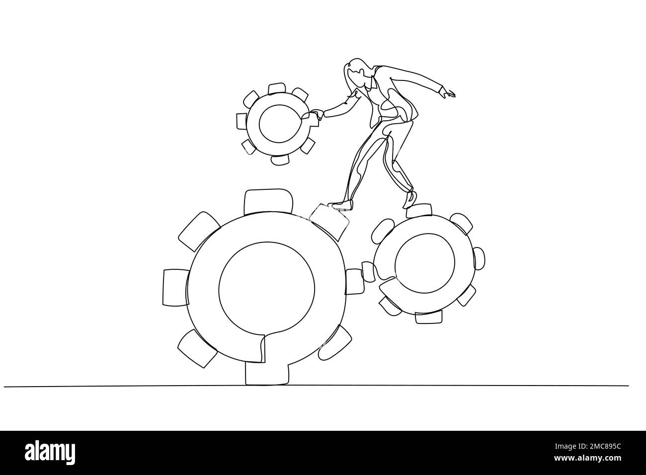 Drawing of businesswoman & gear. Single line art style Stock Vector
