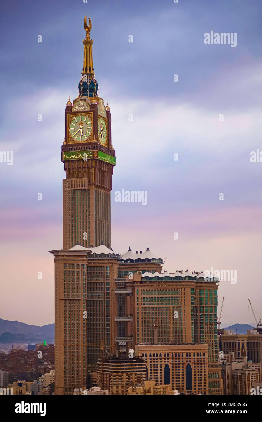 Mecca , Saudi Arabia 13 Jan 2023: Zam zam Tower or Clock Tower - Abraj Al Bait - Masjid Al Haram Stock Photo