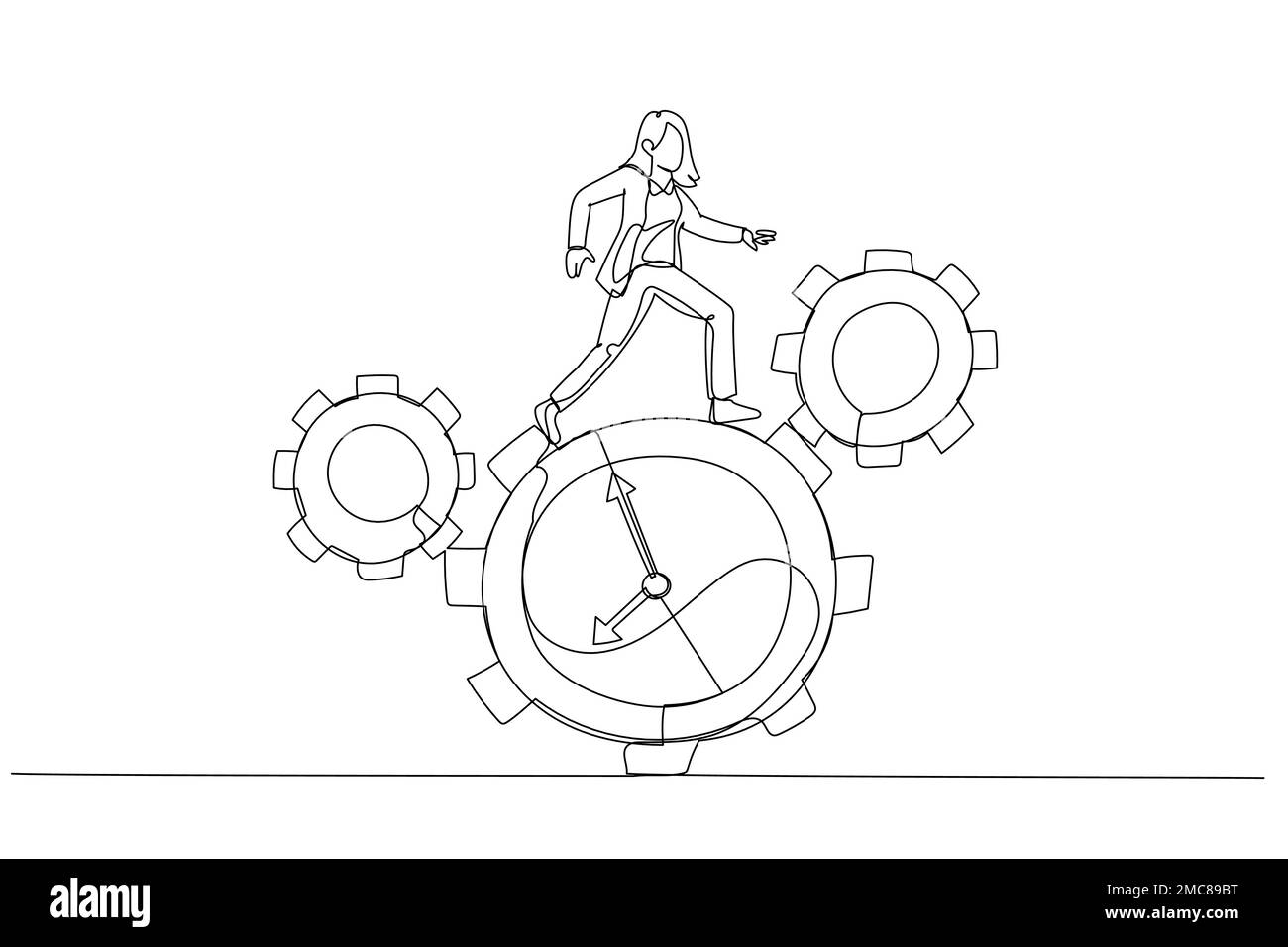 Drawing of businesswoman run along gear in form of clock concept of time management. Single line art style Stock Vector