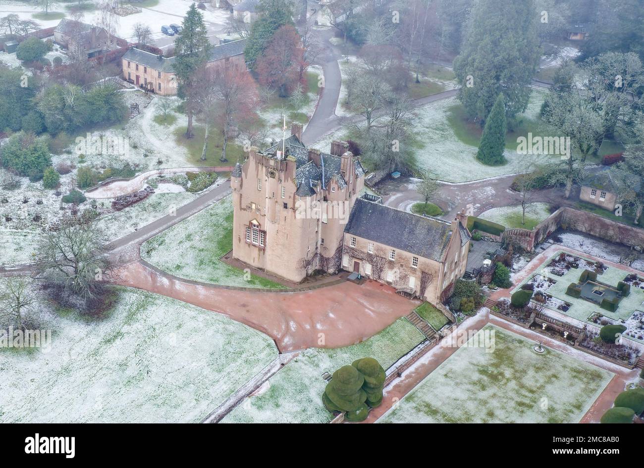 Crathes Castle aerial view, closed during winter Stock Photo