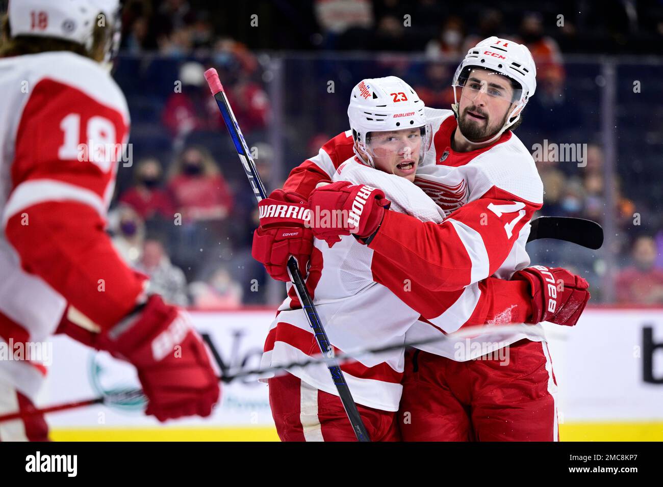 Detroit Red Wings' Lucas Raymond celebrates after scoring a goal during the  first period of the team's NHL hockey game against the Philadelphia Flyers,  Wednesday, Feb. 9, 2022, in Philadelphia. (AP Photo/Derik