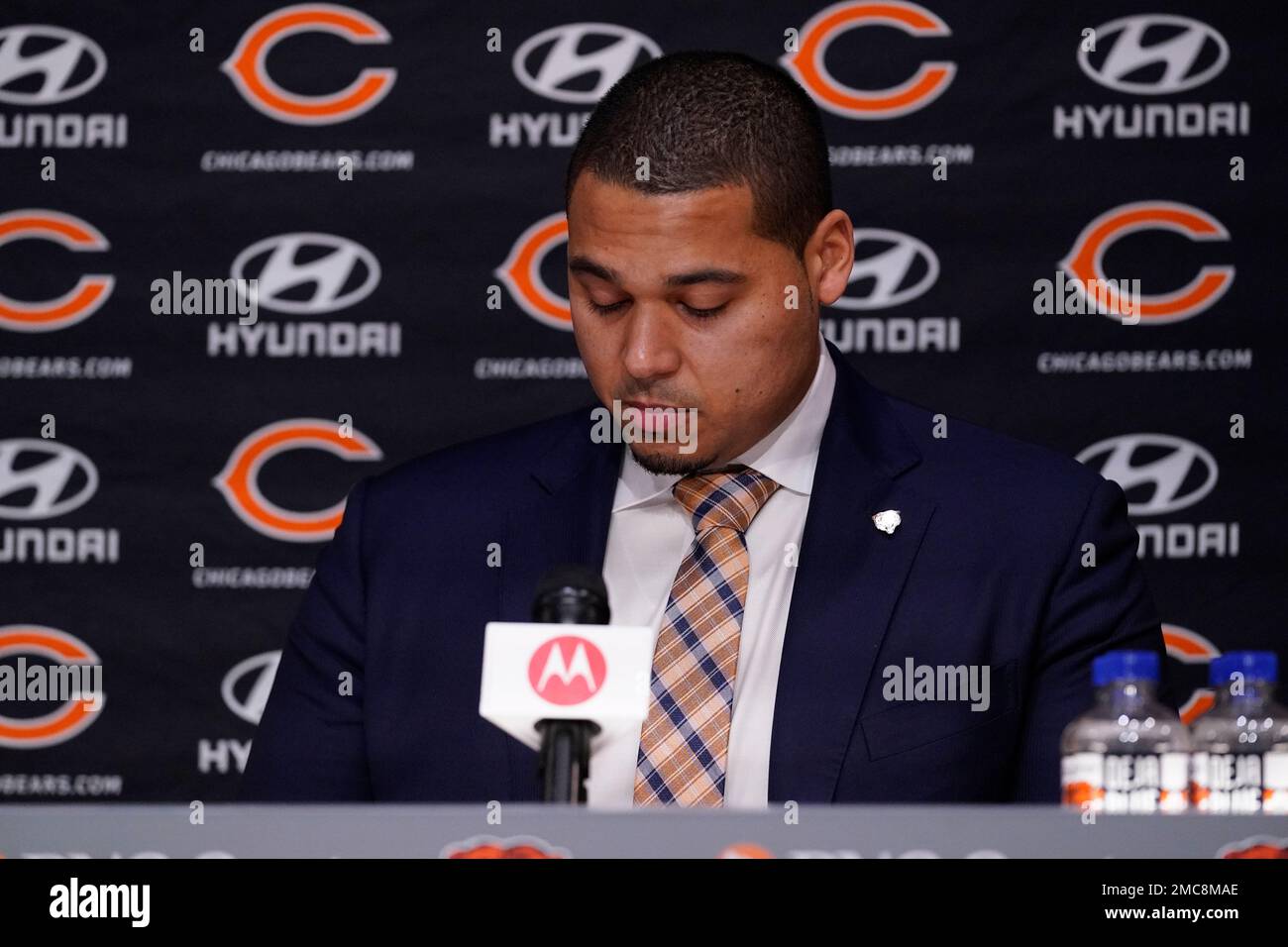 Chicago Bears new general manager Ryan Poles listens to a question