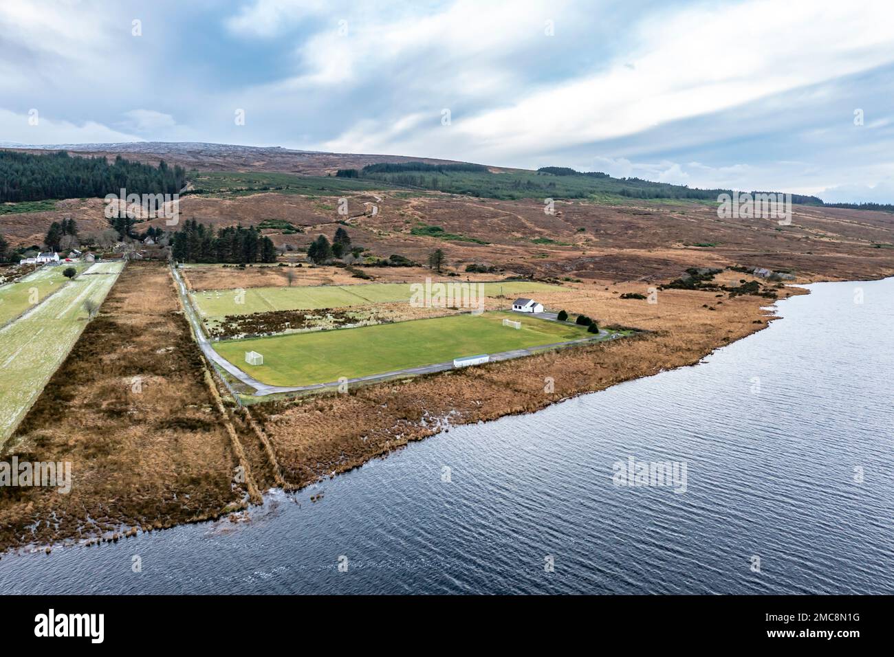 Aerial view of the GAA pitch next to Mount Errigal in Donegal Ireland