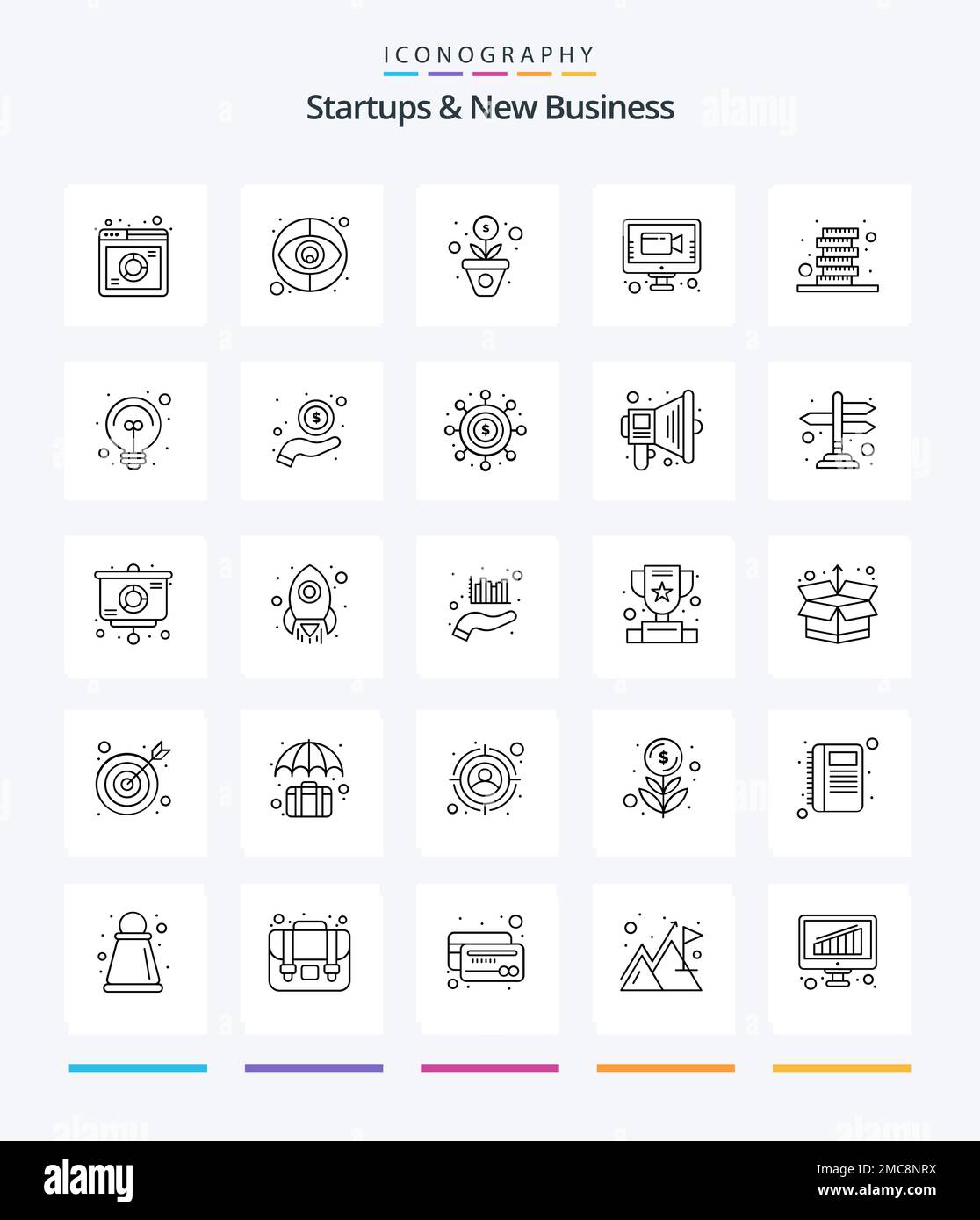 Creative Startups And New Business 25 OutLine icon pack  Such As money. tokens. grow. online meeting. meeting Stock Vector