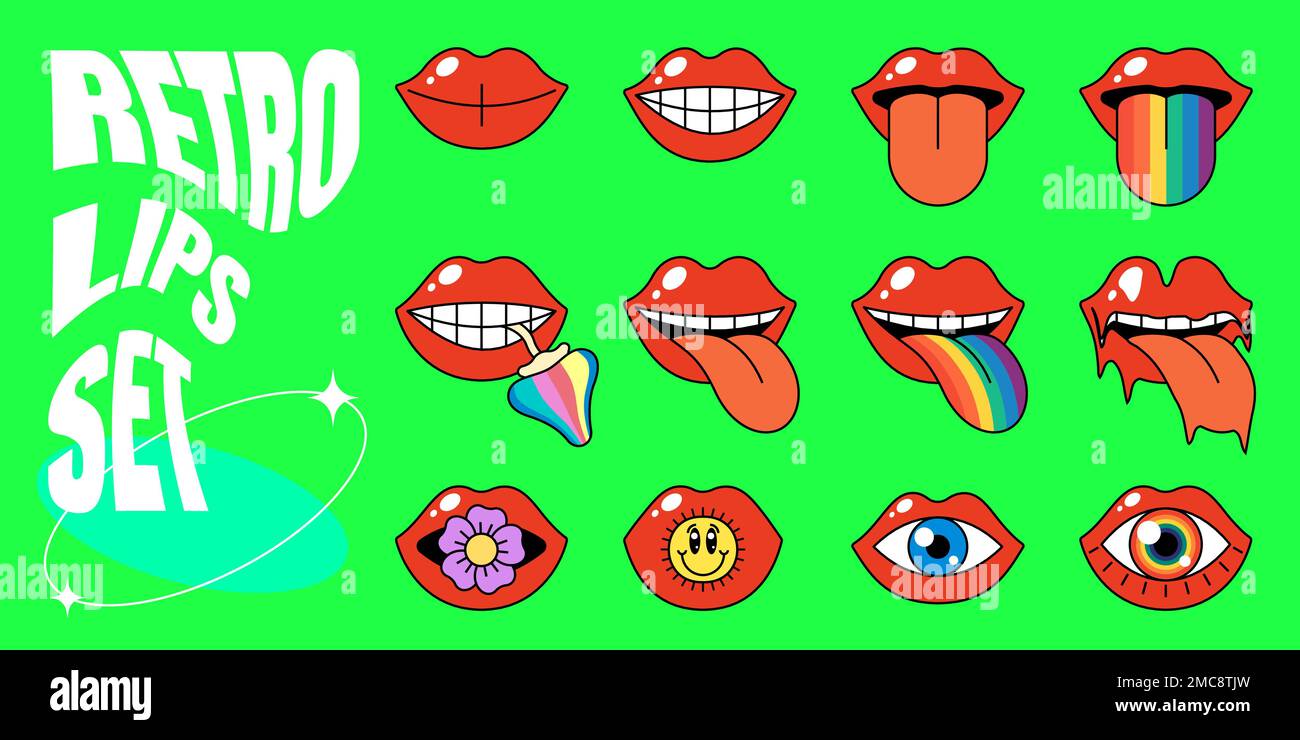Retro open mouth with red sensual lips set. Psychedelic hippie style tongue sticking out with