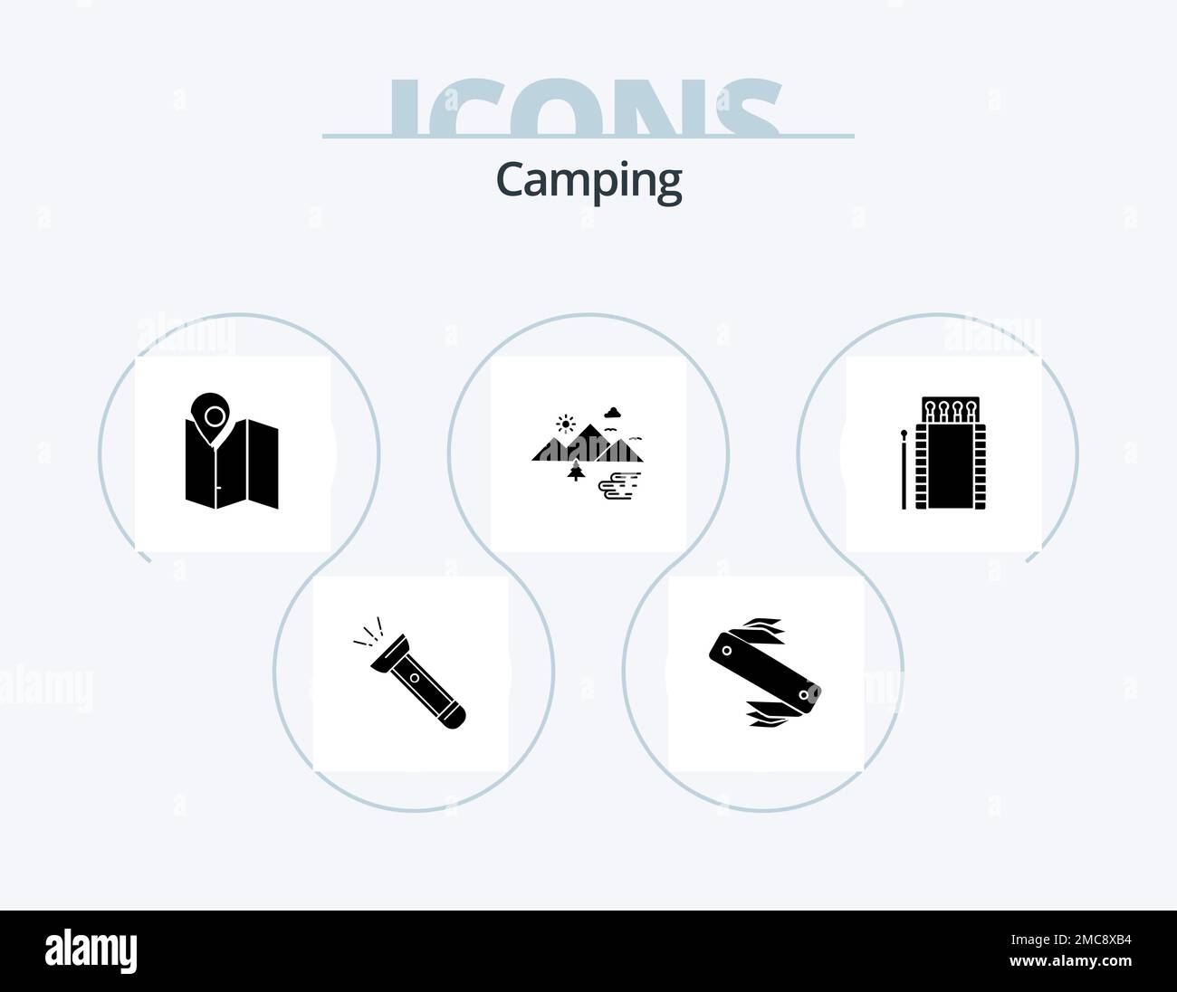 Camping Glyph Icon Pack 5 Icon Design. outdoor. mountains. swiss. location. plan Stock Vector