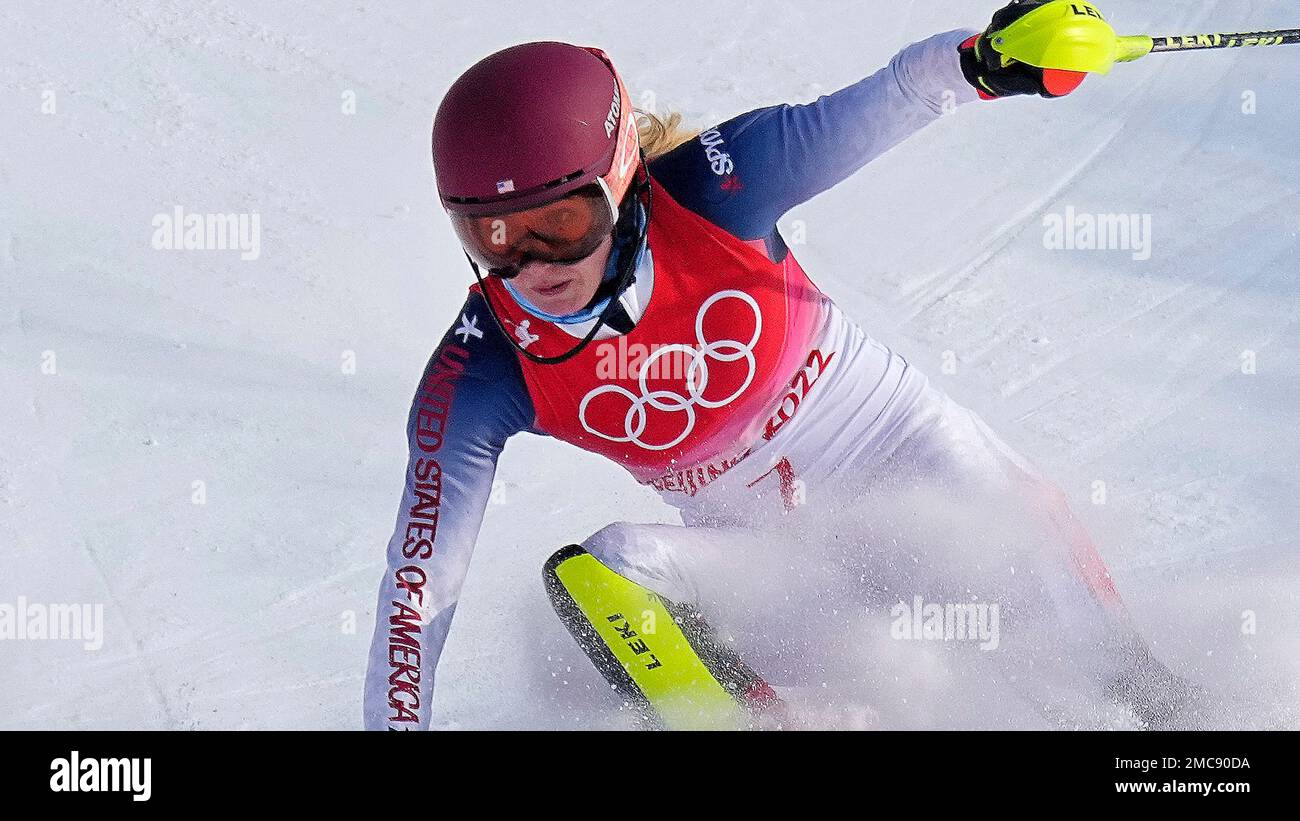 Mikaela Shiffrin, of the United States skis out in the first run of the