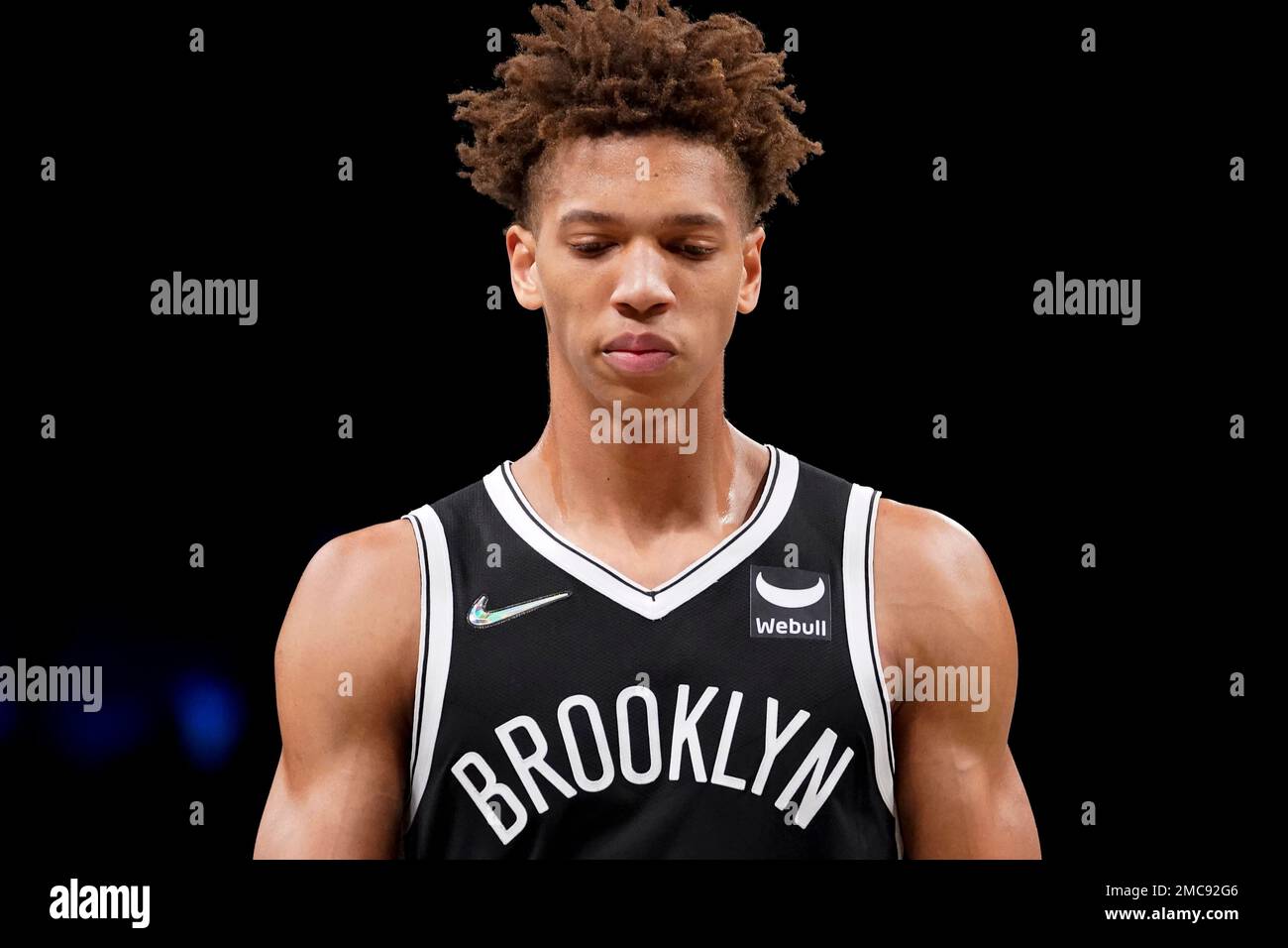Brooklyn Nets forward Kessler Edwards reacts as his team takes on a 26  point deficit in the first quarter of an NBA basketball game against the  Boston Celtics, Tuesday, Feb. 8, 2022