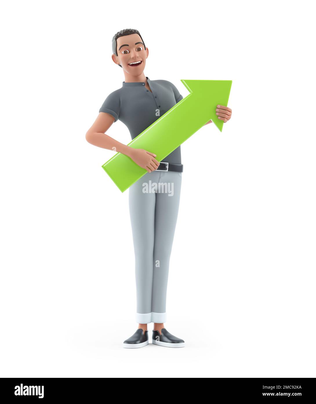3d character man holding green arrow up, illustration isolated on white ...