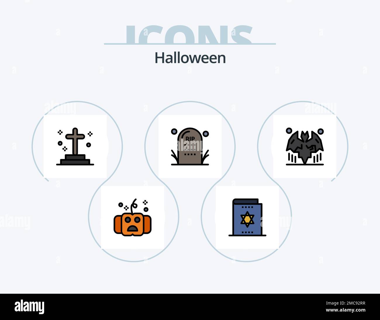 Halloween Line Filled Icon Pack 5 Icon Design. death. cemetery. magic book. graveyard. ghost Stock Vector