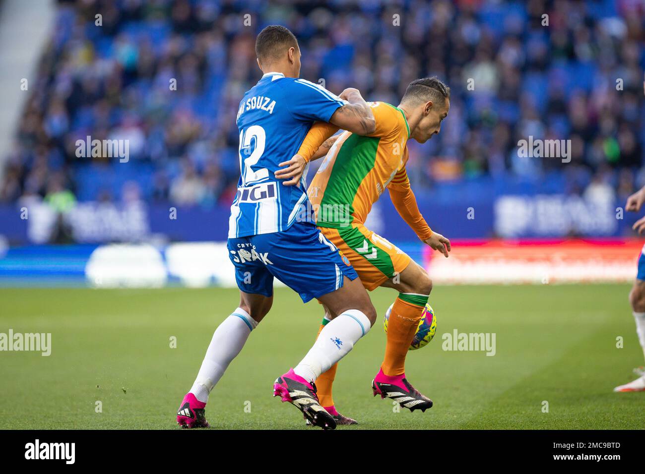 Vinicius Souza of RCD Espanyol and Andres Guardado of Real Betis Balompie during the Liga match between RCD Espanyol and Real Betis at RCDE Stadium in Cornella, Spain. Stock Photo