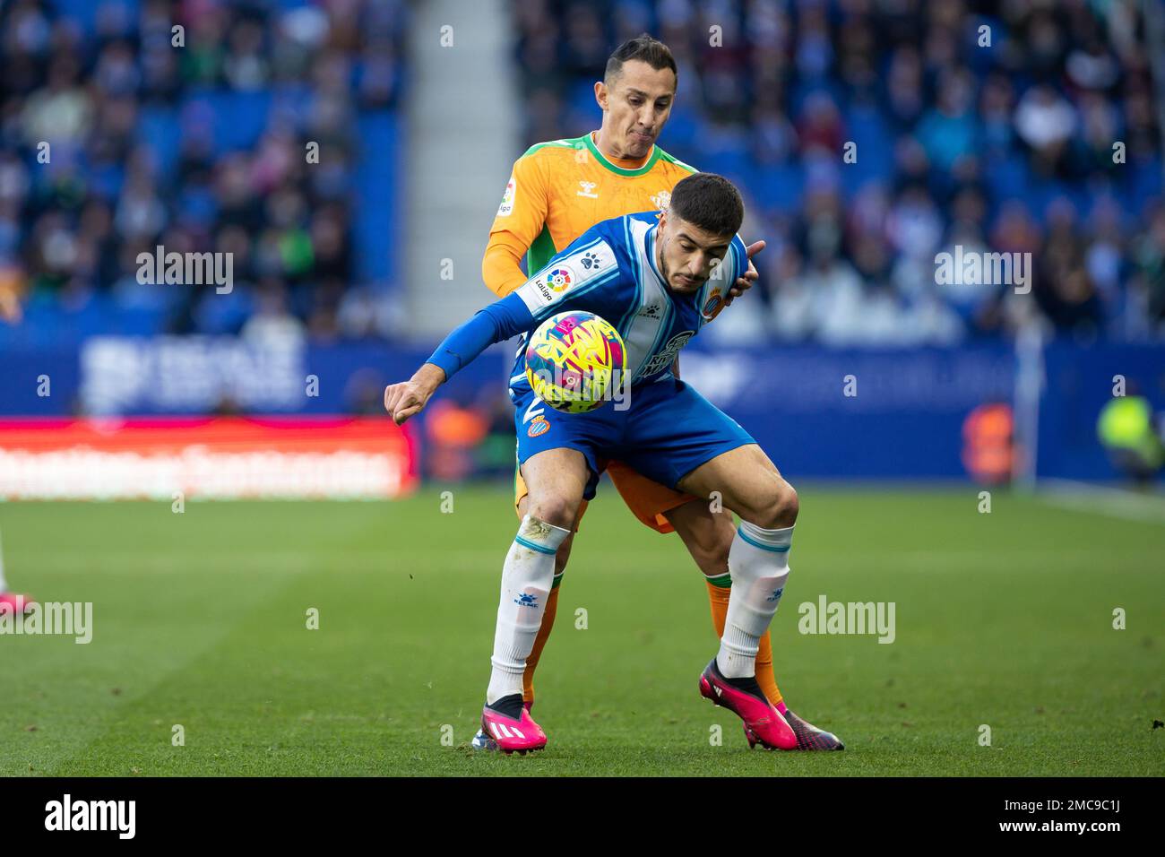 Oscar Gil of RCD Espanyol during the Liga match between RCD Espanyol and Real Betis at RCDE Stadium in Cornella, Spain. Stock Photo