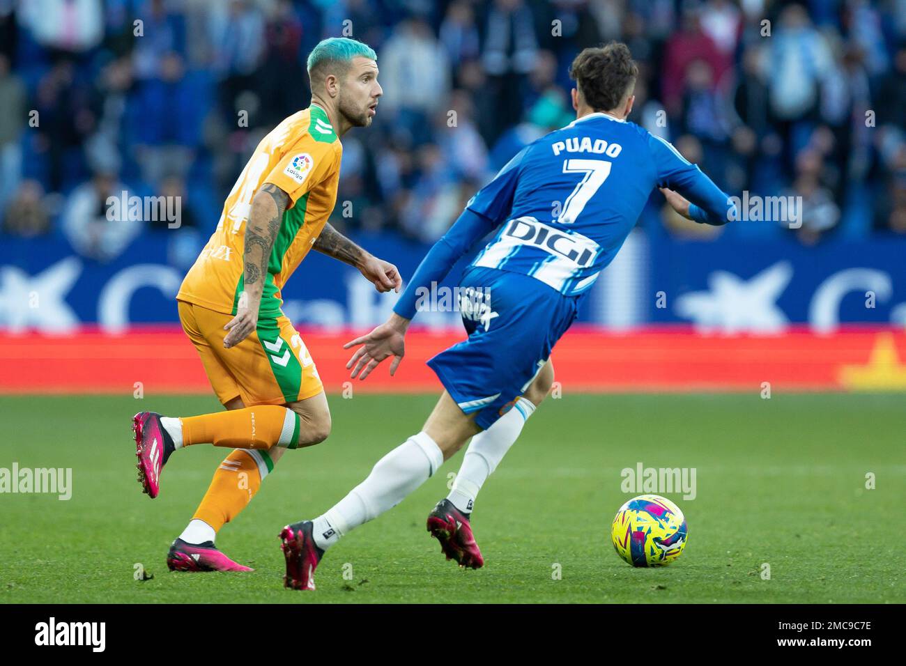 Aitor Ruibal of Real Betis Balompie during the Liga match between RCD Espanyol and Real Betis at RCDE Stadium in Cornella, Spain. Stock Photo