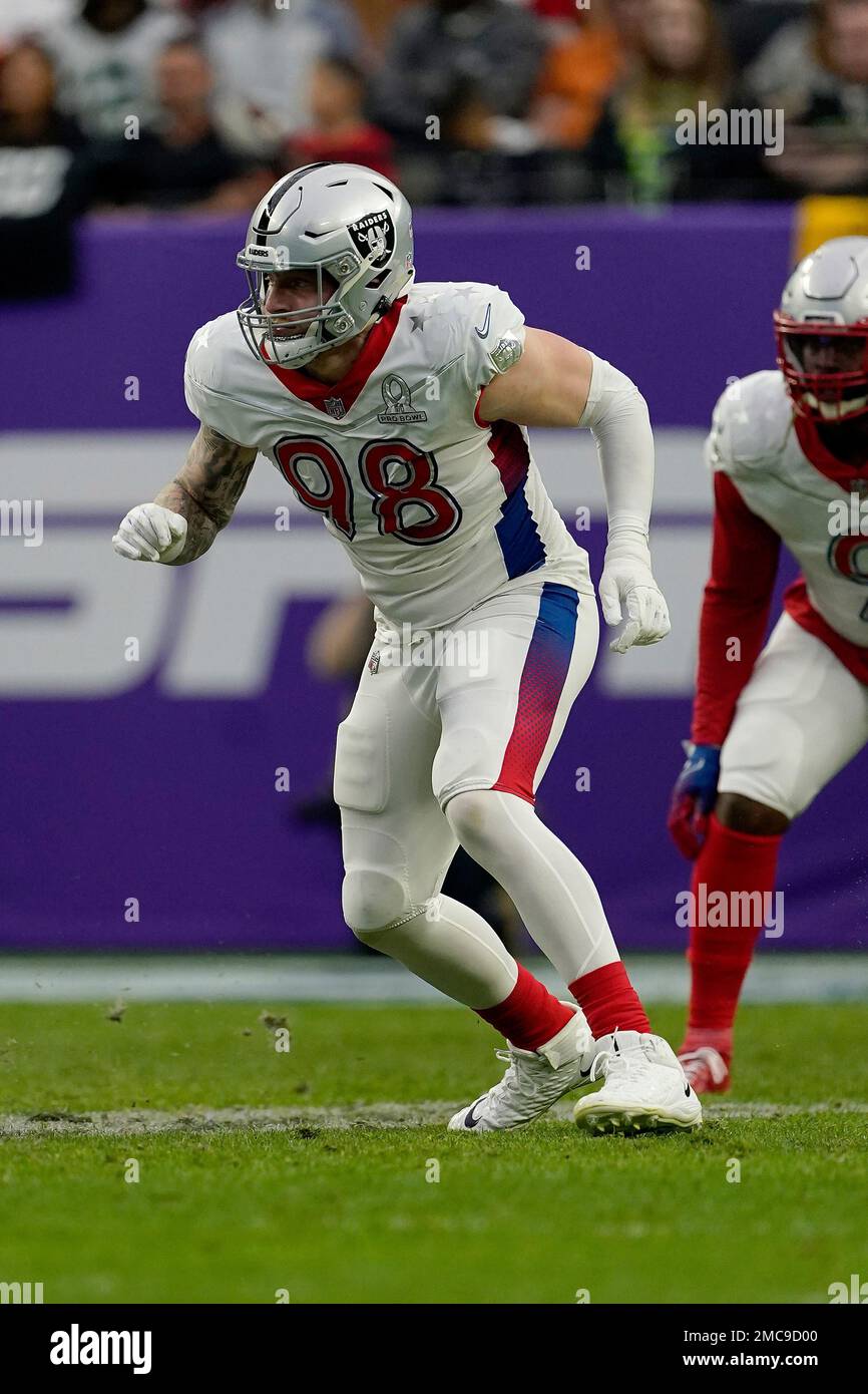 AFC defensive end Maxx Crosby of the Las Vegas Raiders (98) in coverage  against the NFC