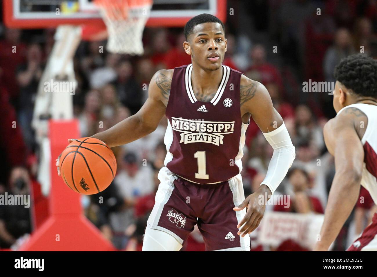 Mississippi State guard Iverson Molinar (1) against Arkansas during an NCAA college basketball