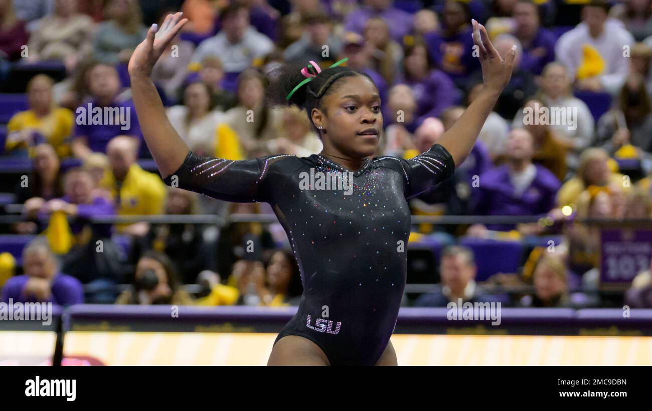LSU gymnast Kiya Johnson performs a floor exercise during an NCAA