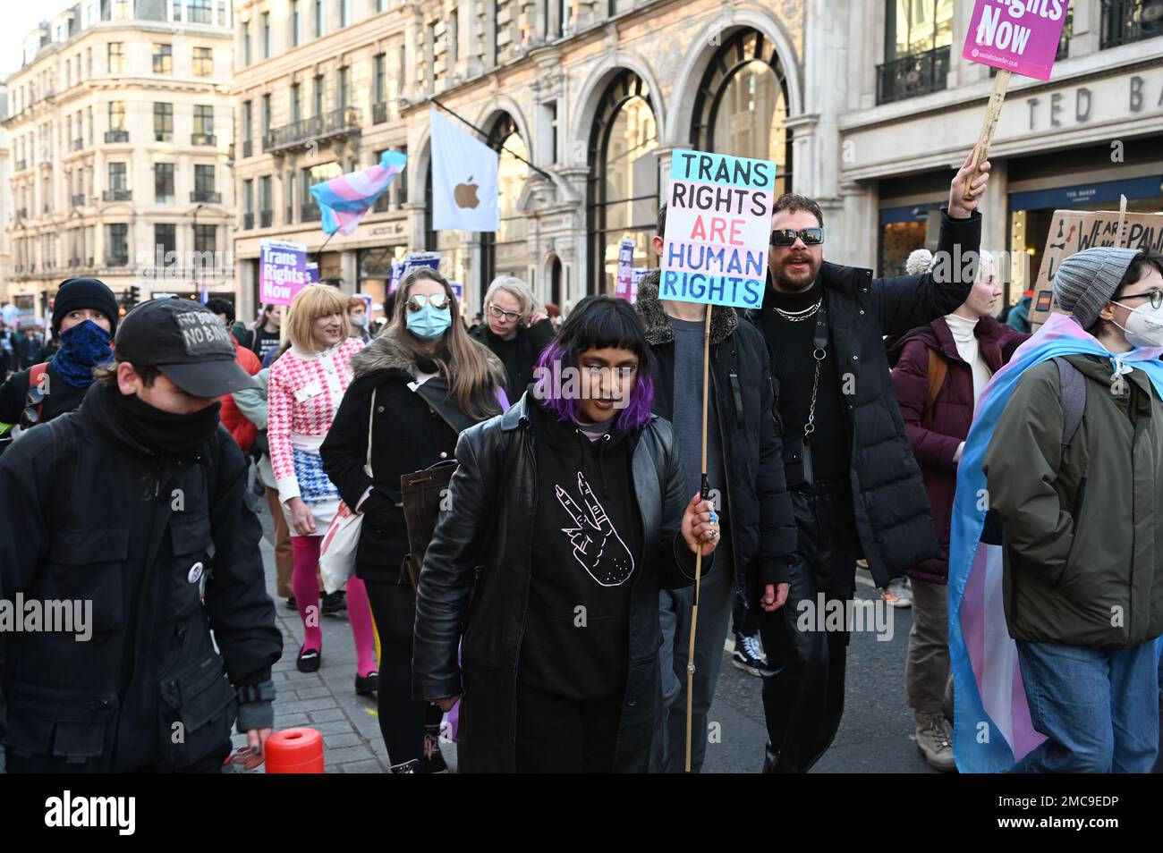Regent street, London, UK, 21 January 2023: Trans right march through Regent Street, Fight for Section 35. Protest the UK government's attempt to block the Scottish GRA reform and stand in solidarity with this disgusting attack on trans people. Credit: See Li/Picture Capital/Alamy Live News Stock Photo