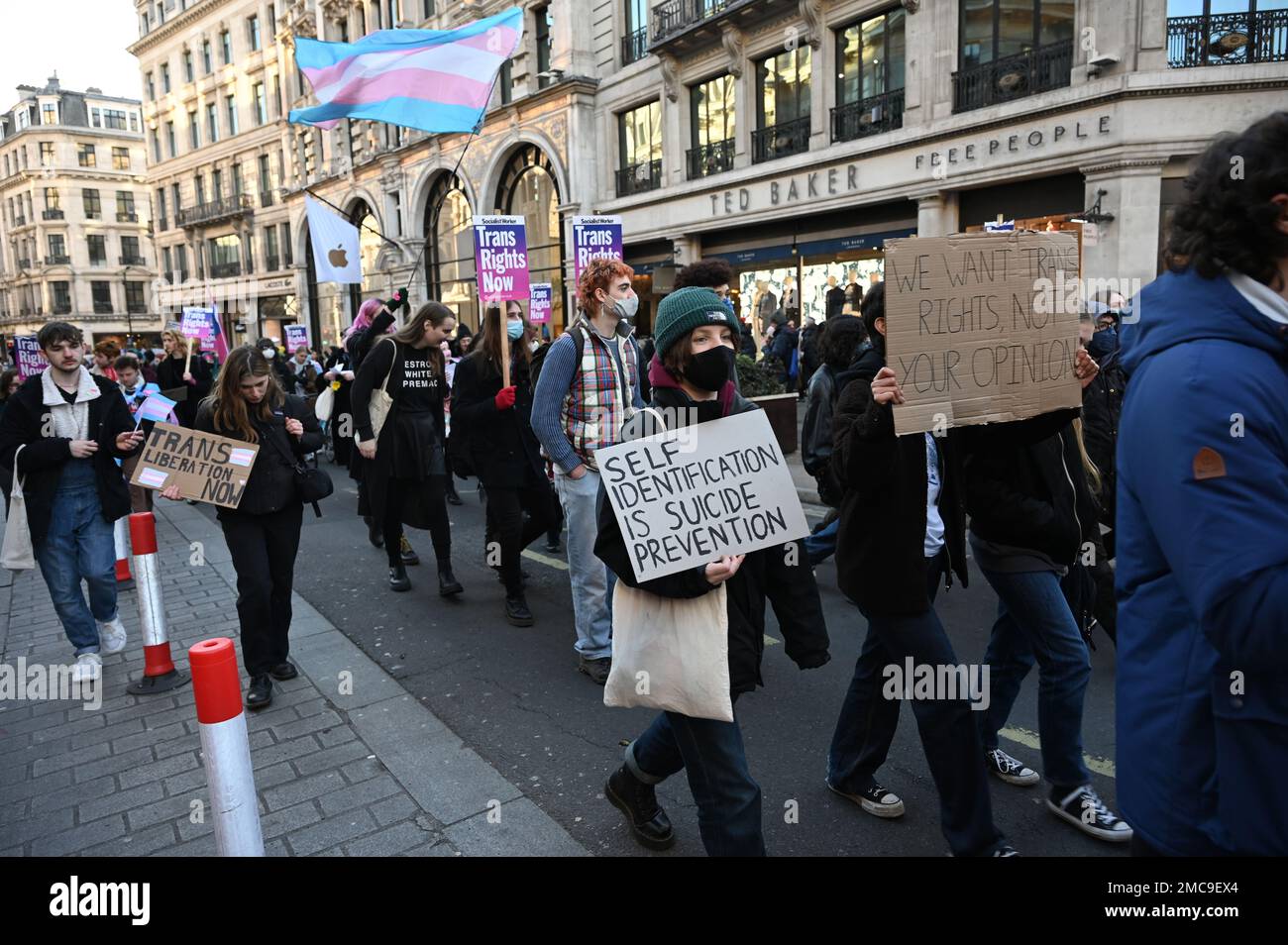 Regent street, London, UK, 21 January 2023: Trans right march through Regent Street, Fight for Section 35. Protest the UK government's attempt to block the Scottish GRA reform and stand in solidarity with this disgusting attack on trans people. Credit: See Li/Picture Capital/Alamy Live News Stock Photo