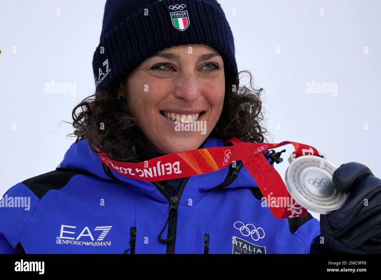 Federica Brignone of Italy, silver, celebrates on the podium during the ...