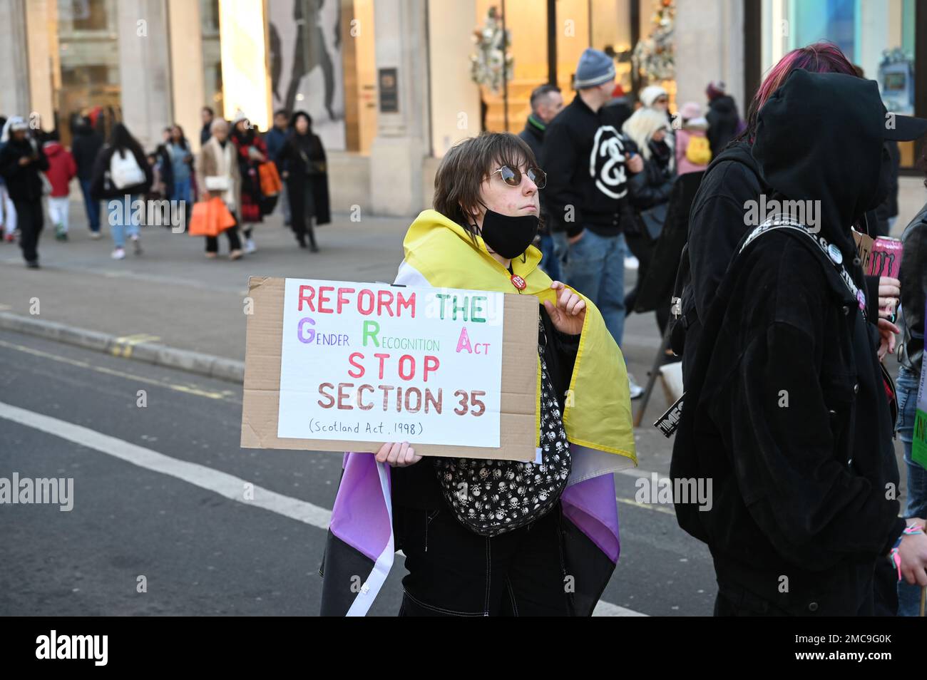 Regent street, London, UK, 21 January 2023: Trans right march through Regent Street, Fight for Section 35. Protest the UK government's attempt to block the Scottish GRA reform and stand in solidarity with this disgusting attack on trans people. Credit: See Li/Picture Capital/Alamy Live News Stock Photo