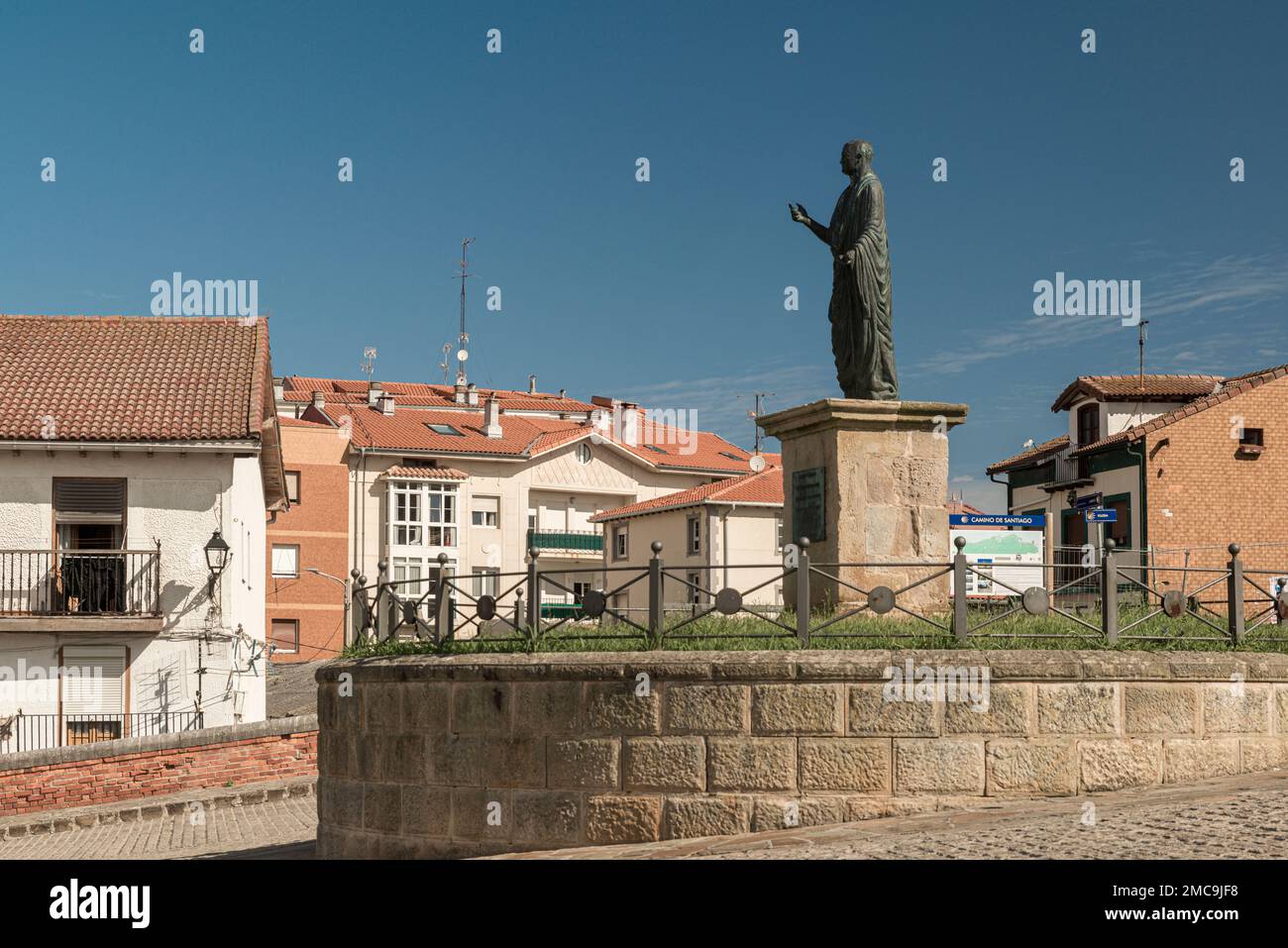 Monument to César Vespasiano Augusto, bronze sculpture on a stone pedestal, in the watchtower of the town of Castro Urdiales, Cantabria, Spain Stock Photo