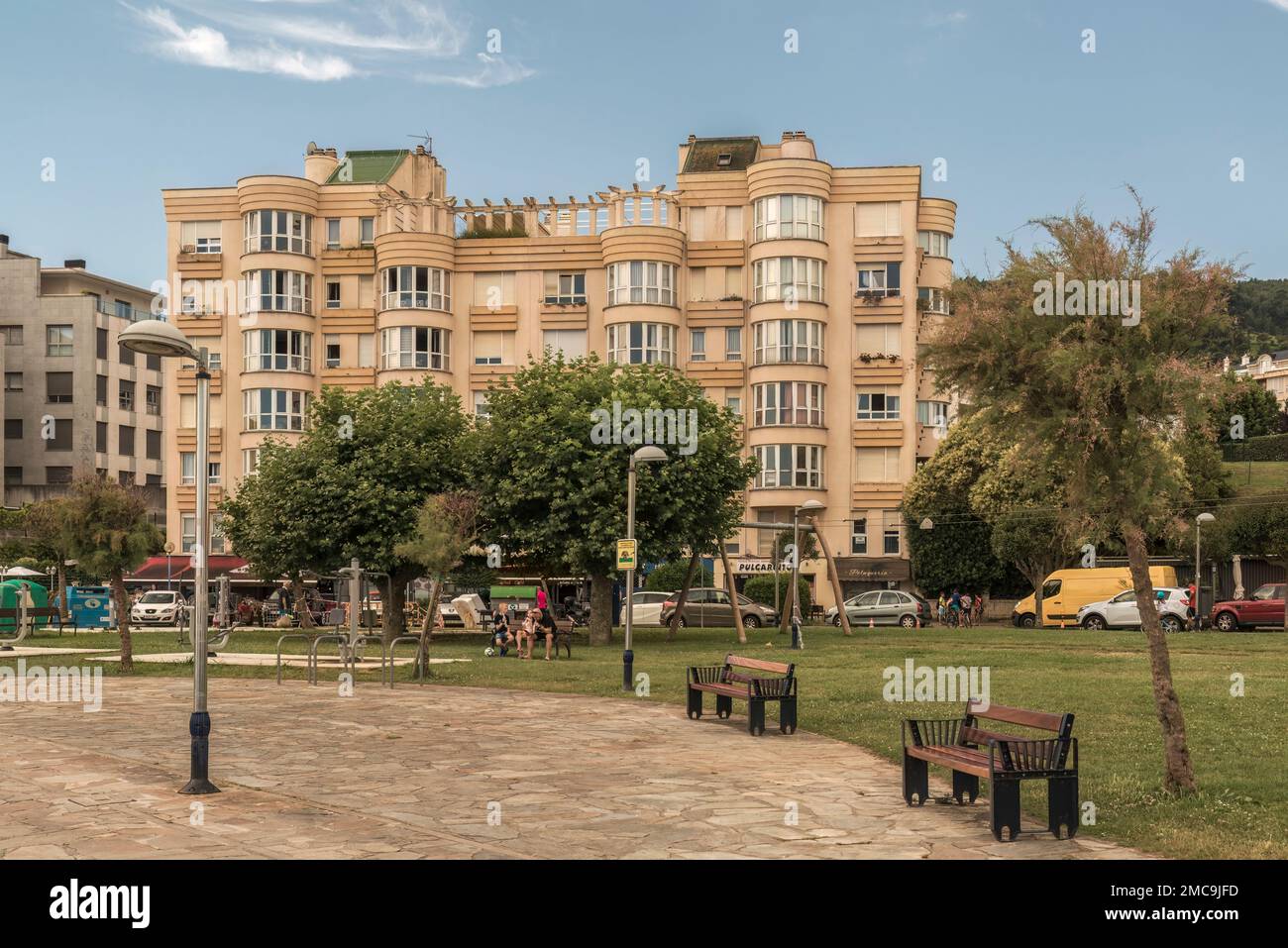 Neighborhood of houses and apartments with park in the modern Urdiales neighborhood in the town of Castro Urdiales in the province of Cantabria, Spain Stock Photo