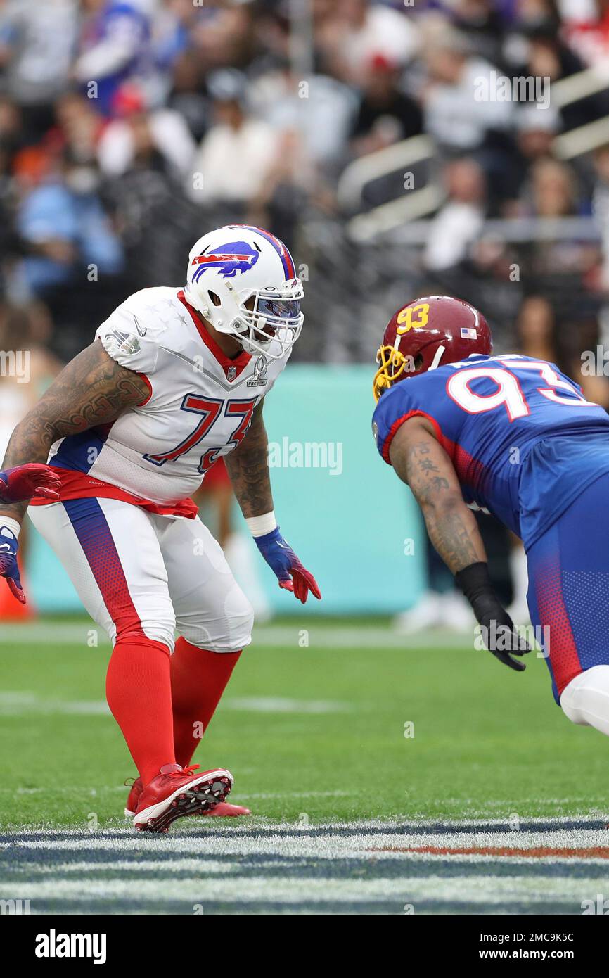 AFC lineman Dion Dawkins (73) of the Buffalo Bills pass blocks during the NFL Pro Bowl football game, Sunday, February 6, 2022, in Las Vegas