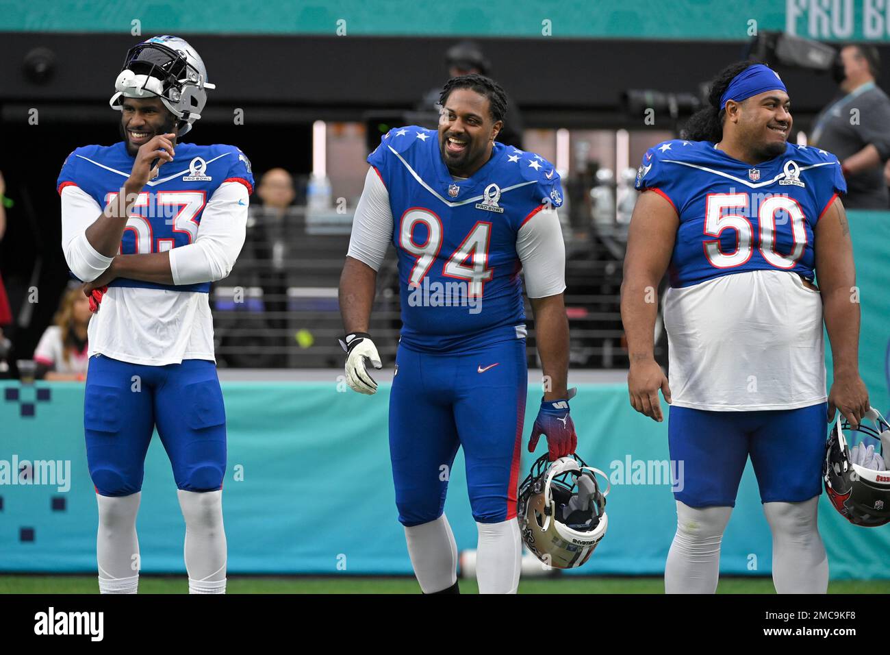 NFC defensive end Brian Burns of the Carolina Panthers (53), NFC defensive  end Cameron Jordan of the New Orleans Saints (94), and NFC lineman Vita Vea  of the Tampa Bay Buccaneers (50)