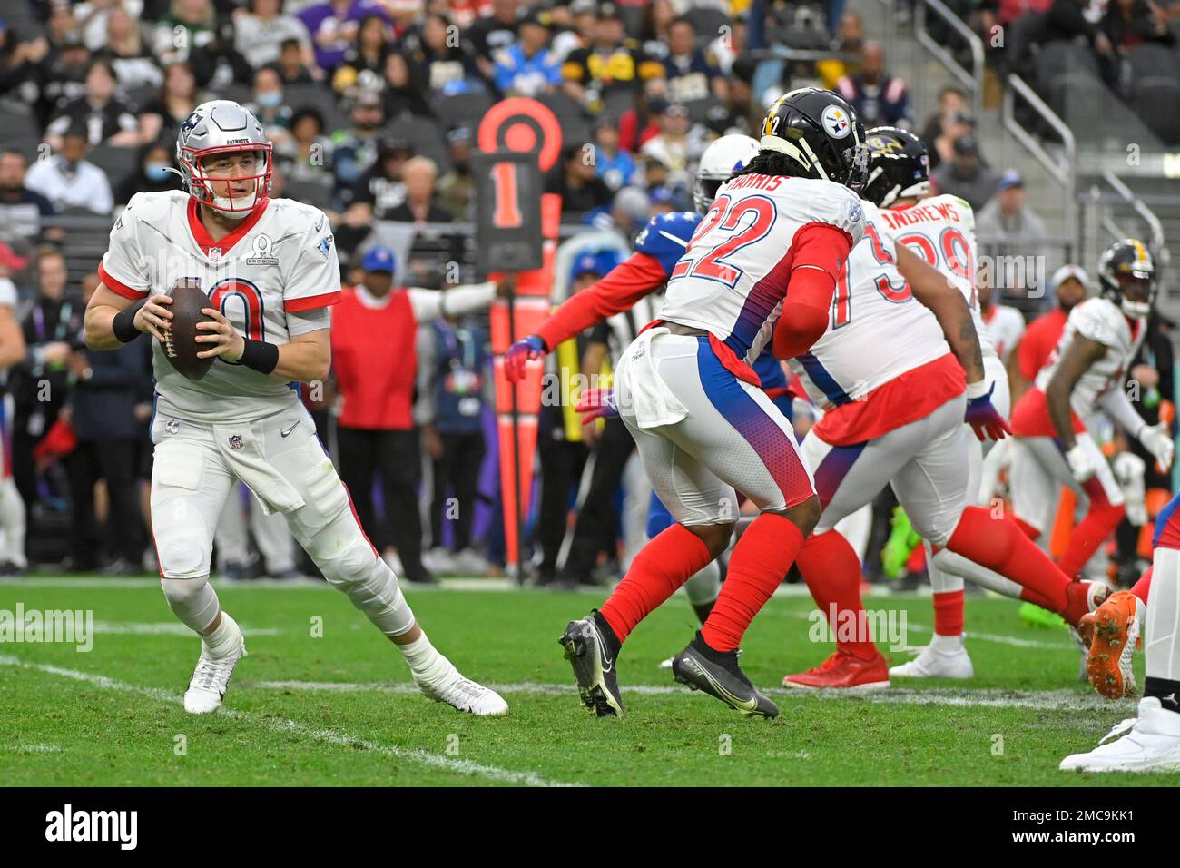 AFC quarterback Justin Herbert (10), of the Los Angeles Chargers, drops to pass against the NFC during the second half of the Pro Bowl NFL football game, Sunday, Feb