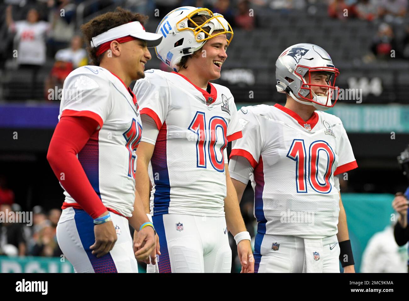 AFC quarterback's Mac Jones of the New England Patriots (10), left, Justin  Herbert of the Los Angeles Chargers (10), and Patrick Mahomes of the Kansas  City Chiefs (15) during the first half