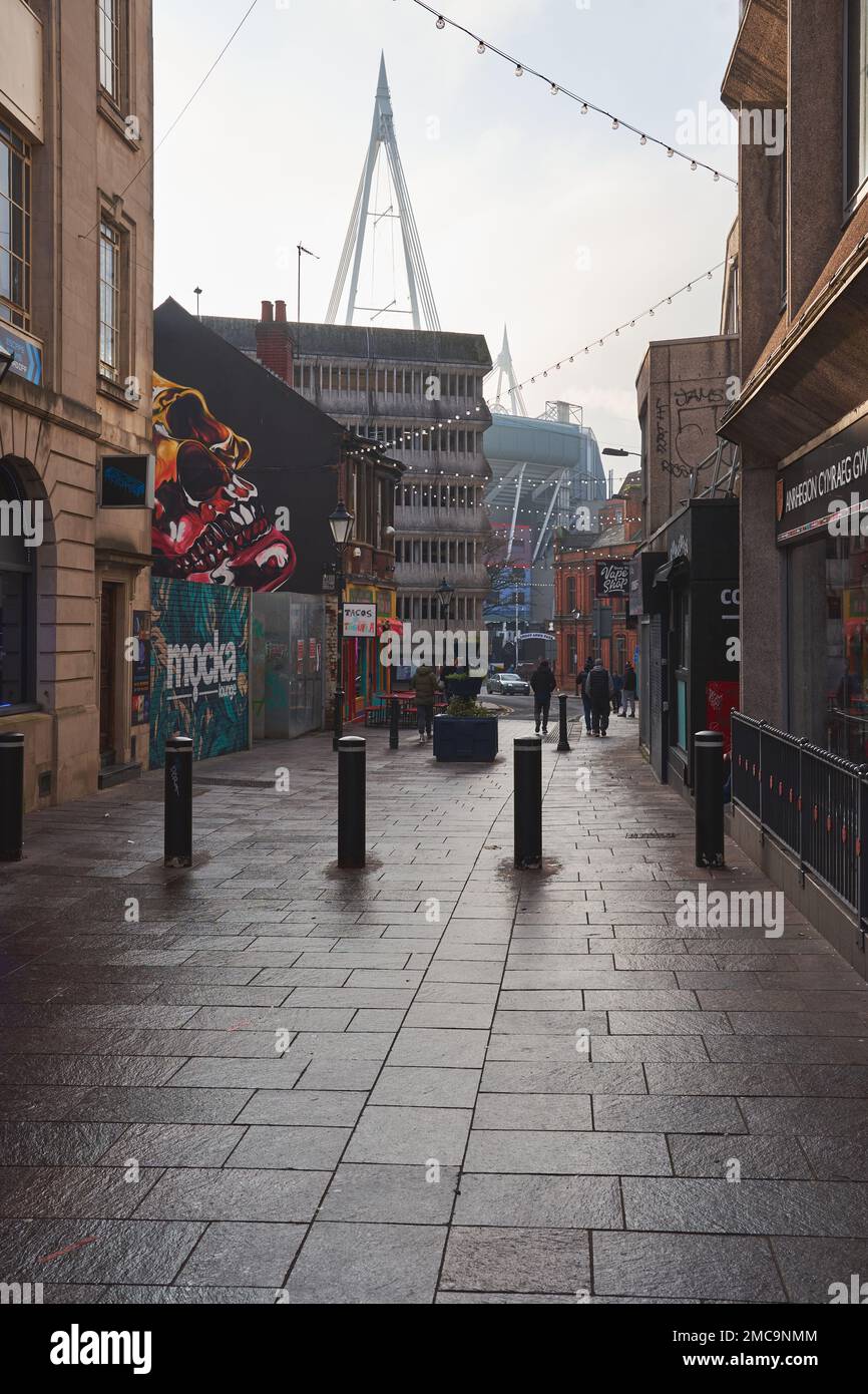 Quay Street, Cardiff, South Wales, with the top of The Principality