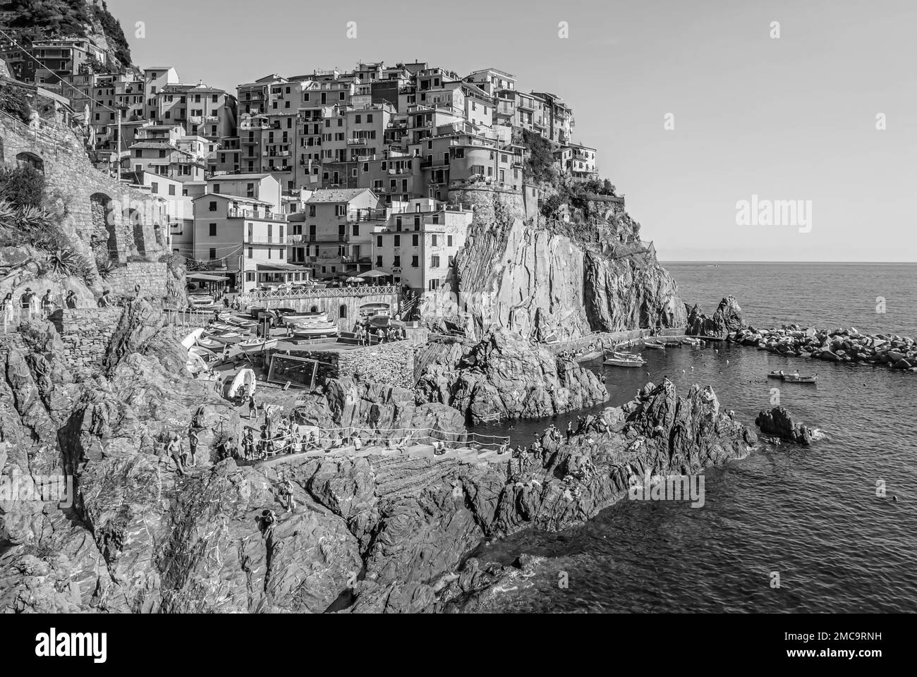 View at the village Manarola at Cinque Terre National Park, Liguria, Italy, in black and white Stock Photo