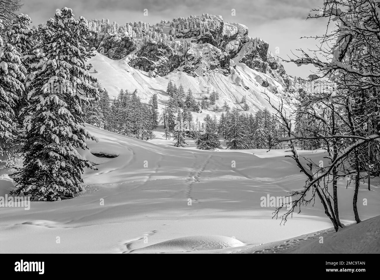 Marmorè Peak overlooking Val Fex, Engadin, Switzerland in black and white Stock Photo