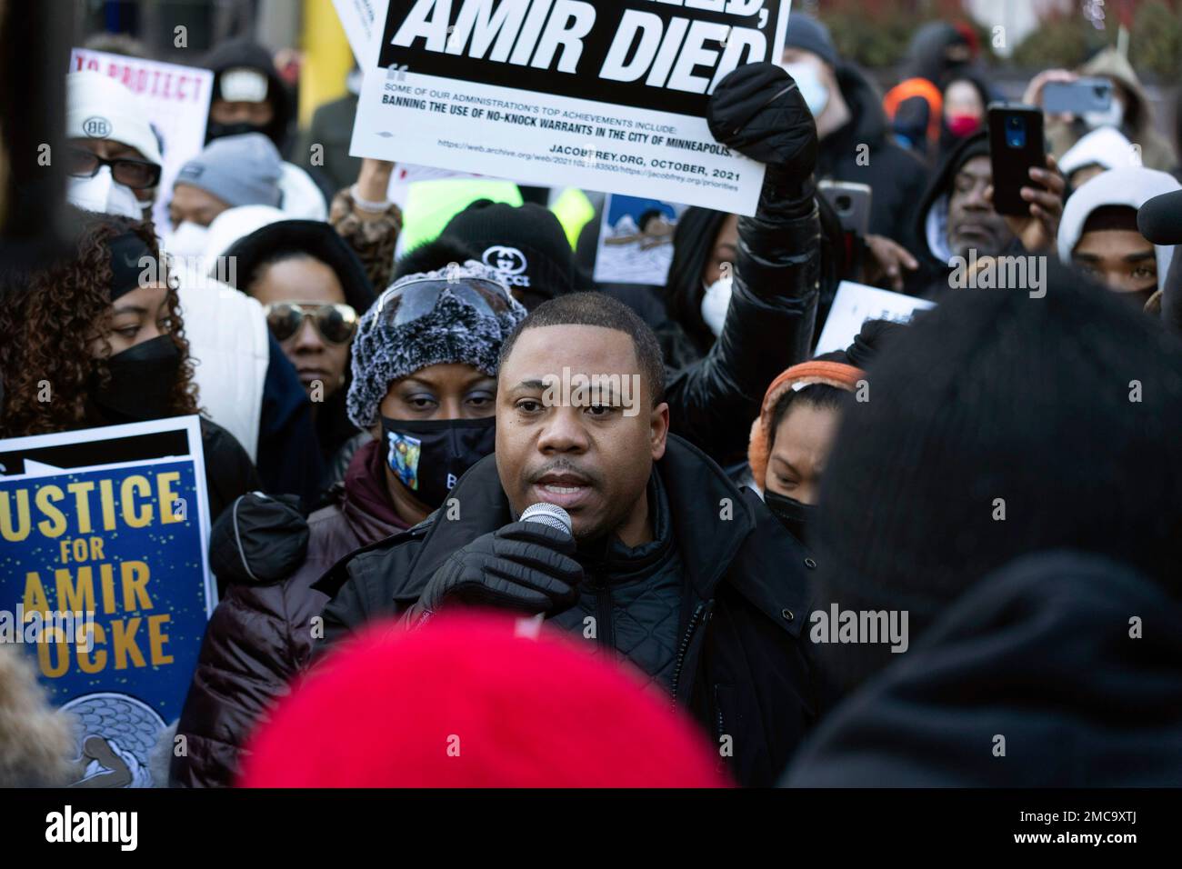 Andre Locke, the father of Amir Locke, speaks at a rally for his son on ...