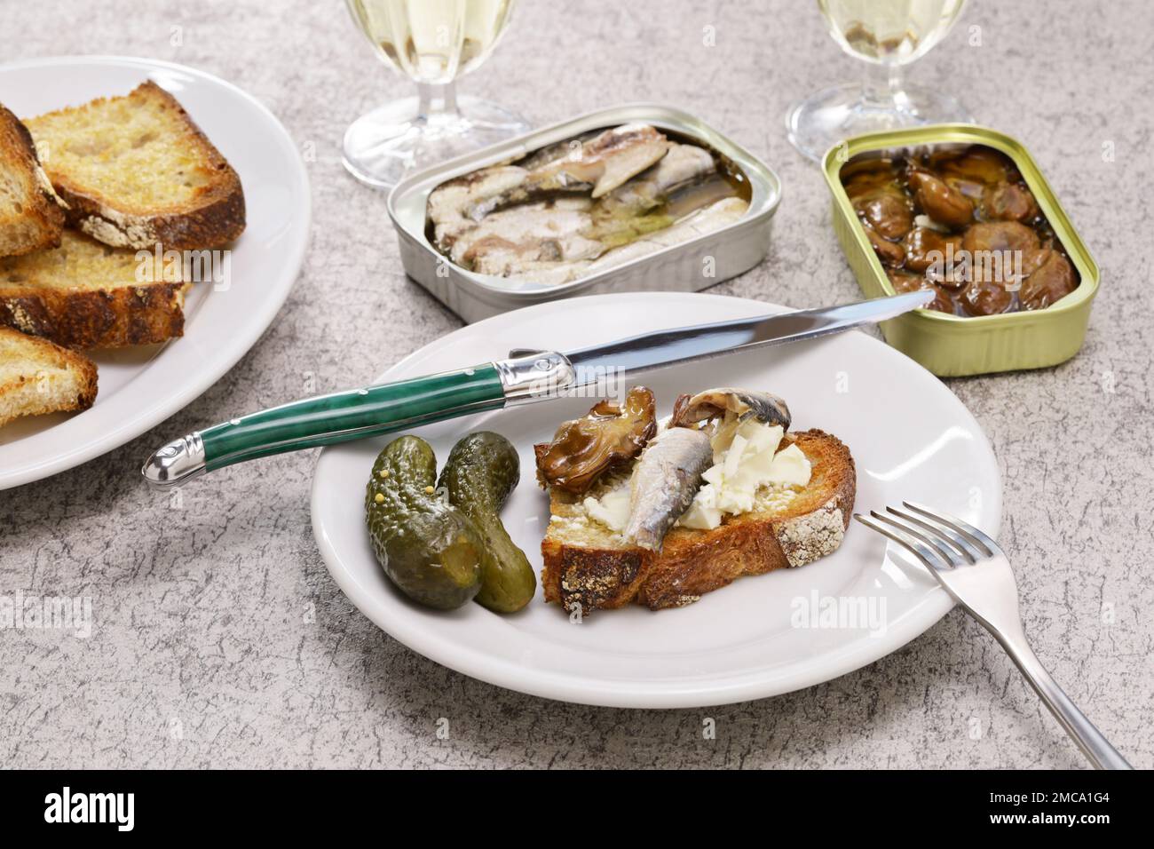 a tinned fish platter for date night Stock Photo