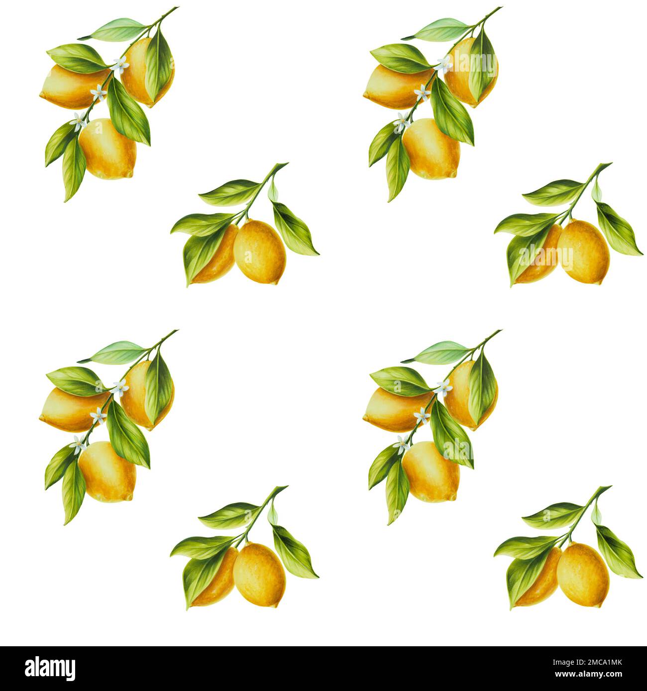 Watercolor seamless pattern with fresh ripe lemon with bright green ...