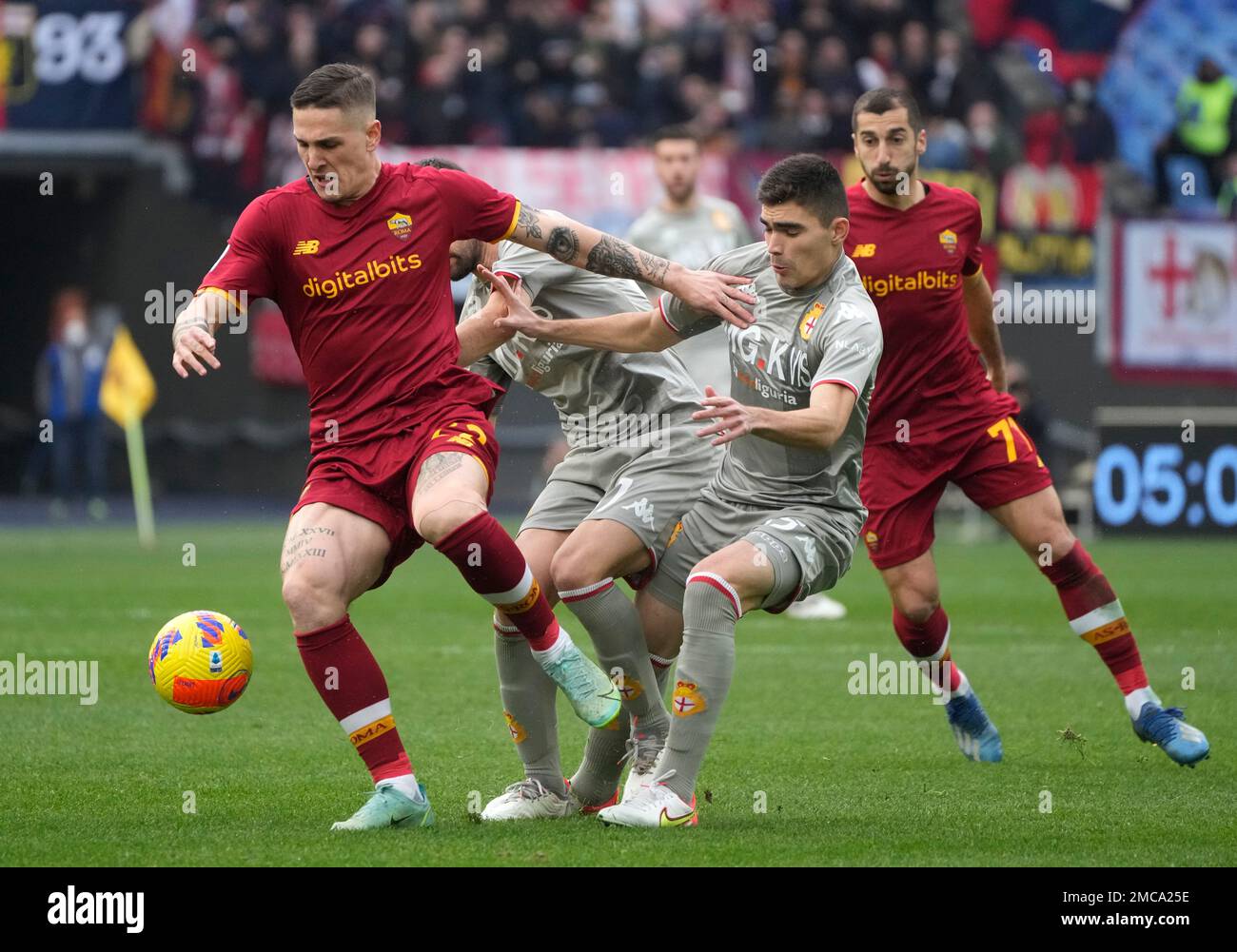 Johan Vasquez of Genoa CFC and Nicolò Zaniolo of AS Roma during football  Serie A Match at Stadio Olimpico, As Roma v Genoa on February 5, 2022 in  Rome, Italy. (Photo by