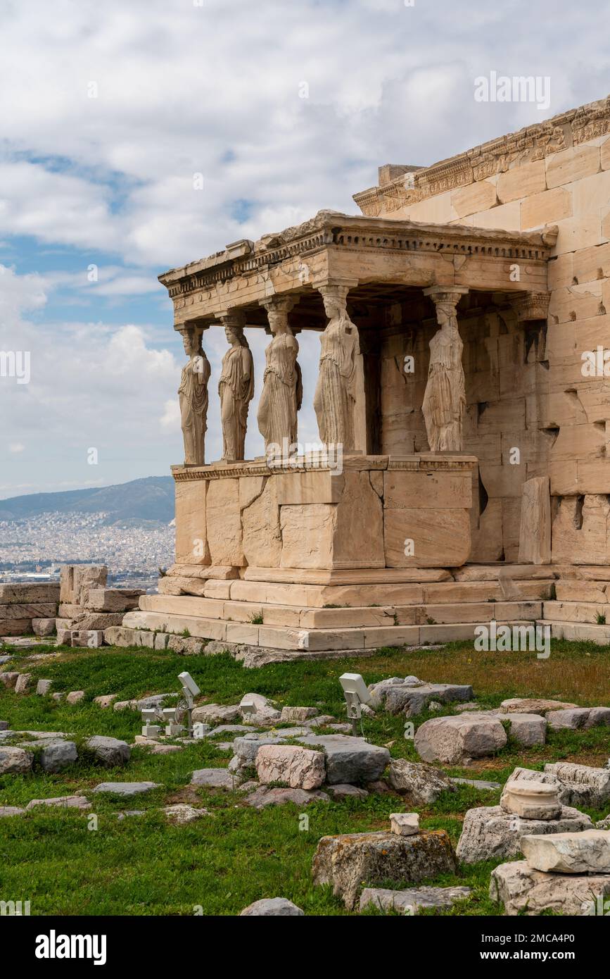The Caryatids of Erechtheion Temple (Erechtheum) at the archaeological site of Acropolis Stock Photo