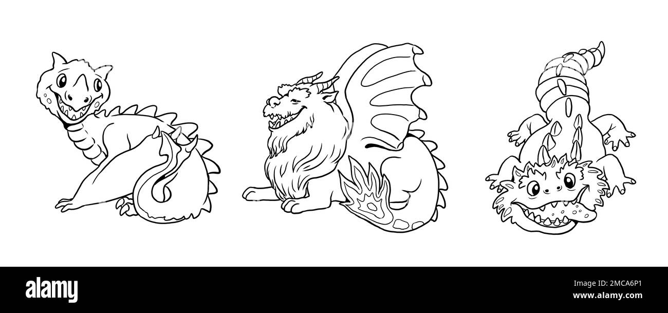 Cute dragons for coloring. Template for a coloring book with funny dragon. Coloring template for kids. Stock Photo