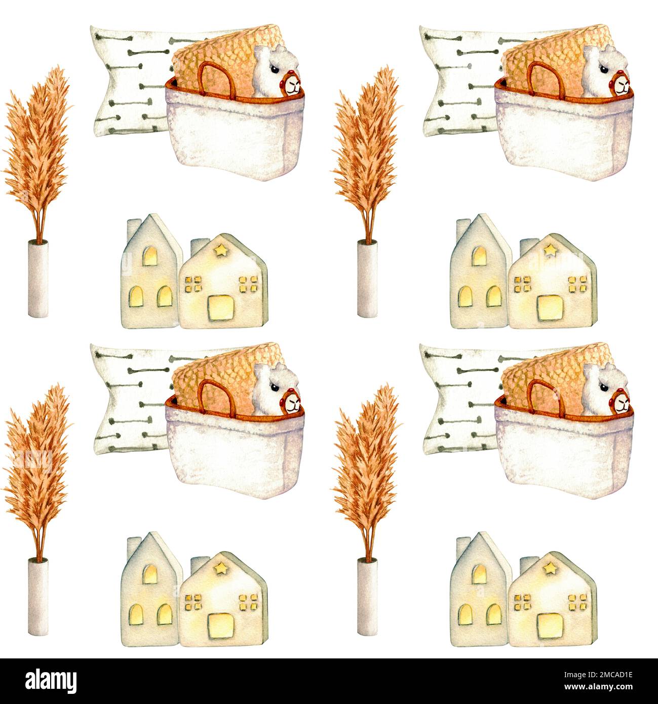 Pattern. Wicker basket, ceramic houses lanterns, pillows, toy lama. Watercolor illustration interior of living room. Clipart. Home decor elements on a Stock Photo