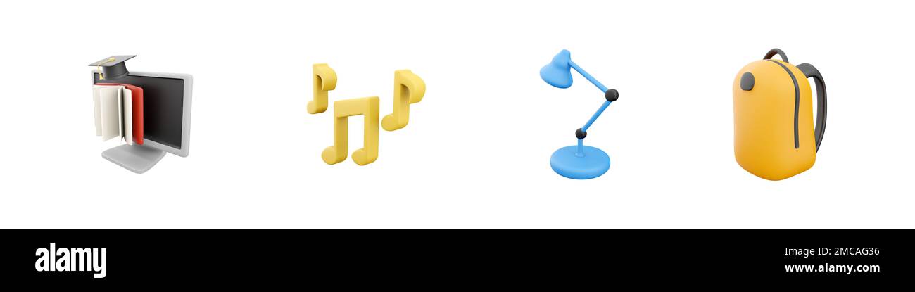 3d render computer, music notes, light bulb, backbag icon set on white ...