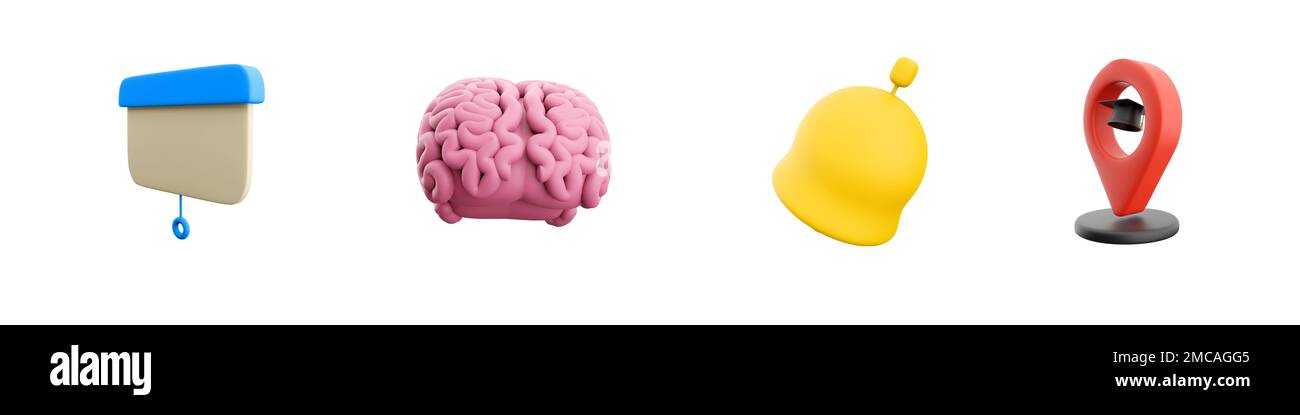 3d render projector, brain, bell, navigation icon set on white ...