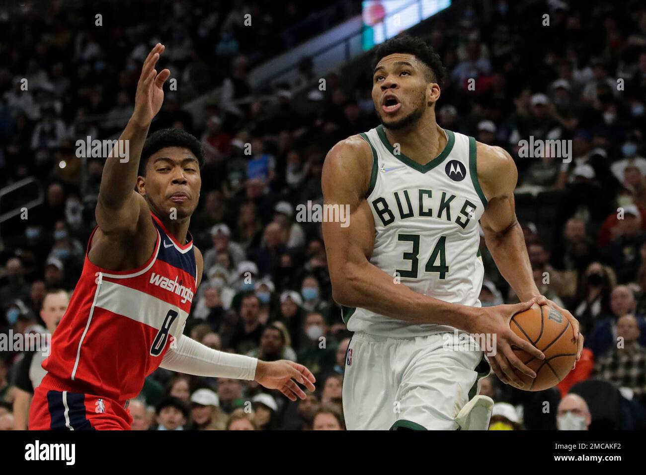 Giannis Antetokounmpo of the Milwaukee Bucks drives to the basket